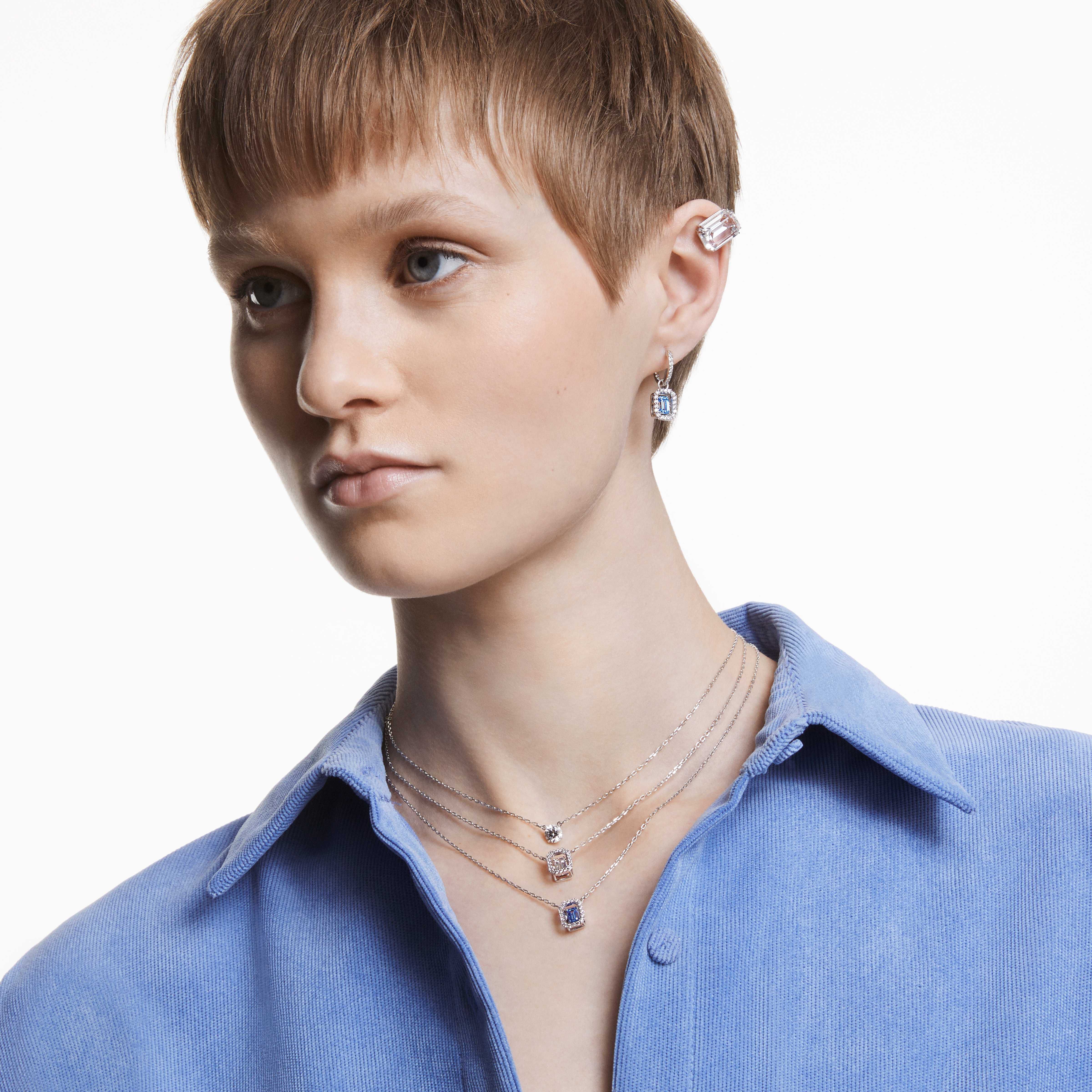swarovski una drop earrings  octagon cut  blue  rhodium plated