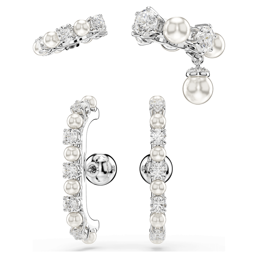 swarovski matrix ear cuff  set  3   crystal pearl  round cut  white  rhodium plated