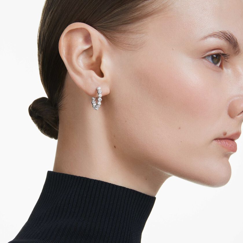 swarovski matrix drop earrings  crystal pearl  round cut  white  rhodium plated