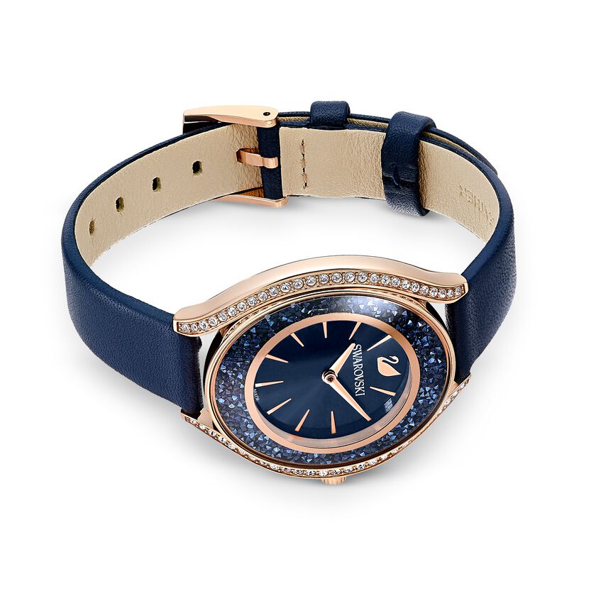 Crystalline Aura Watch, Leather strap, Blue, Rose-gold tone PVD