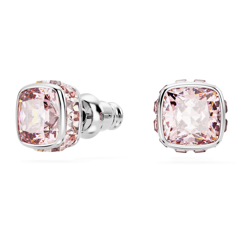 swarovski birthstone stud earrings  square cut  june  pink  rhodium plated