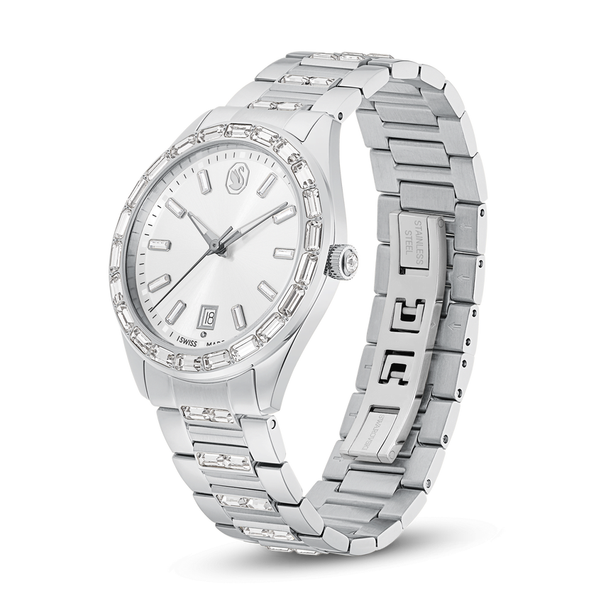 swarovski matrix date watch  swiss made  metal bracelet  silver tone  stainless steel