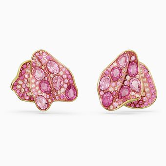 Florere stud earrings, Asymmetrical design, Flower, Pink, Gold-tone plated