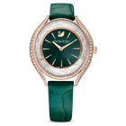 Crystalline Aura watch, Leather strap, Green, Rose gold-tone finish