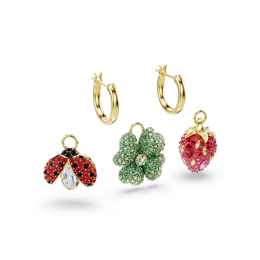 swarovski idyllia drop earrings  set  3   ladybug  clover  strawberry  multicolored  gold tone plated