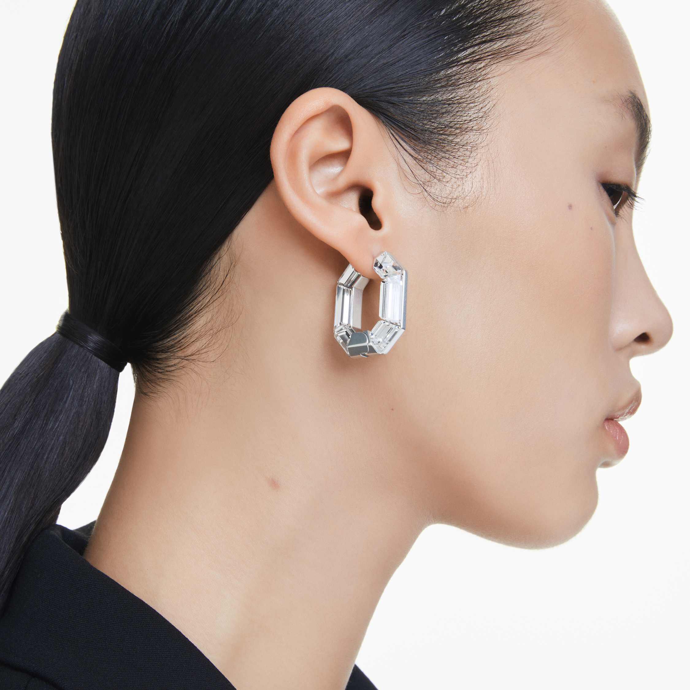 swarovski lucent hoop earrings  octagon shape  small  white