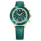 swarovski octea chrono watch  swiss made  leather strap  green  rose gold tone finish