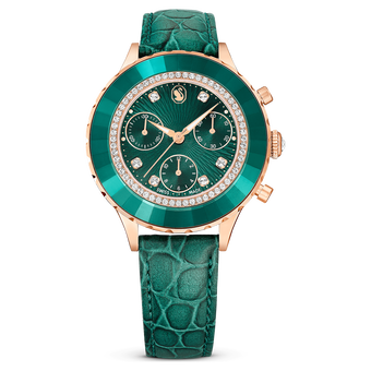 swarovski octea chrono watch  swiss made  leather strap  green  rose gold tone finish