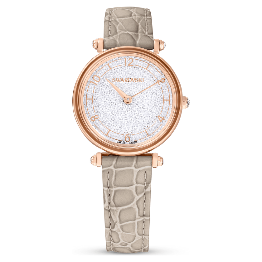 swarovski crystalline wonder watch  swiss made  leather strap  beige  rose gold tone finish