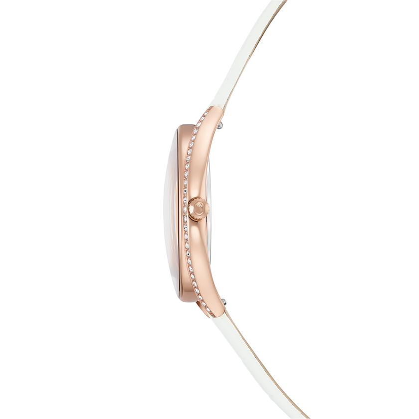 swarovski crystalline aura watch  swiss made  leather strap  white  rose gold tone finish