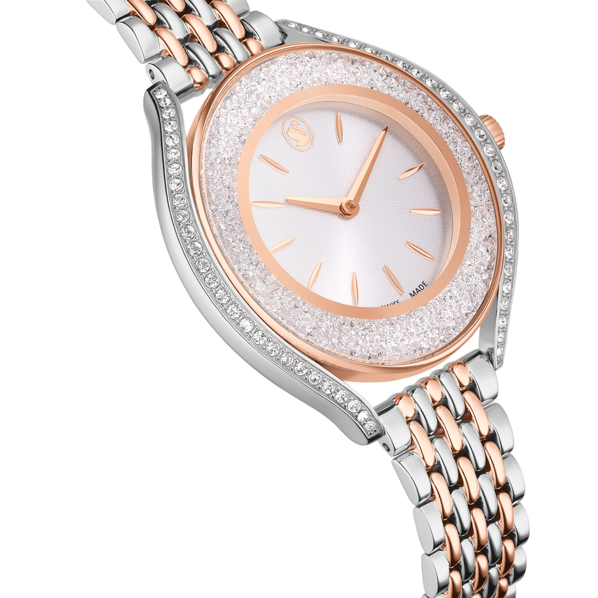 swarovski crystalline aura watch  swiss made  metal bracelet  rose gold tone  mixed metal finish