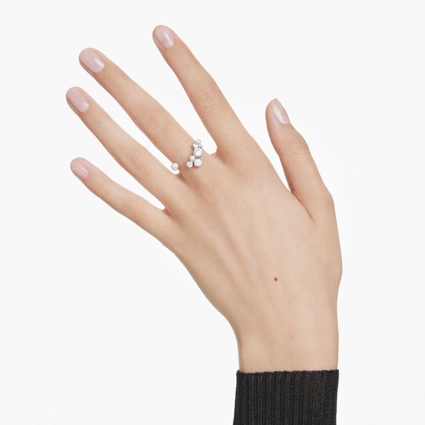 swarovski constella open ring  crystal pearl  round cuts  white  rhodium plated