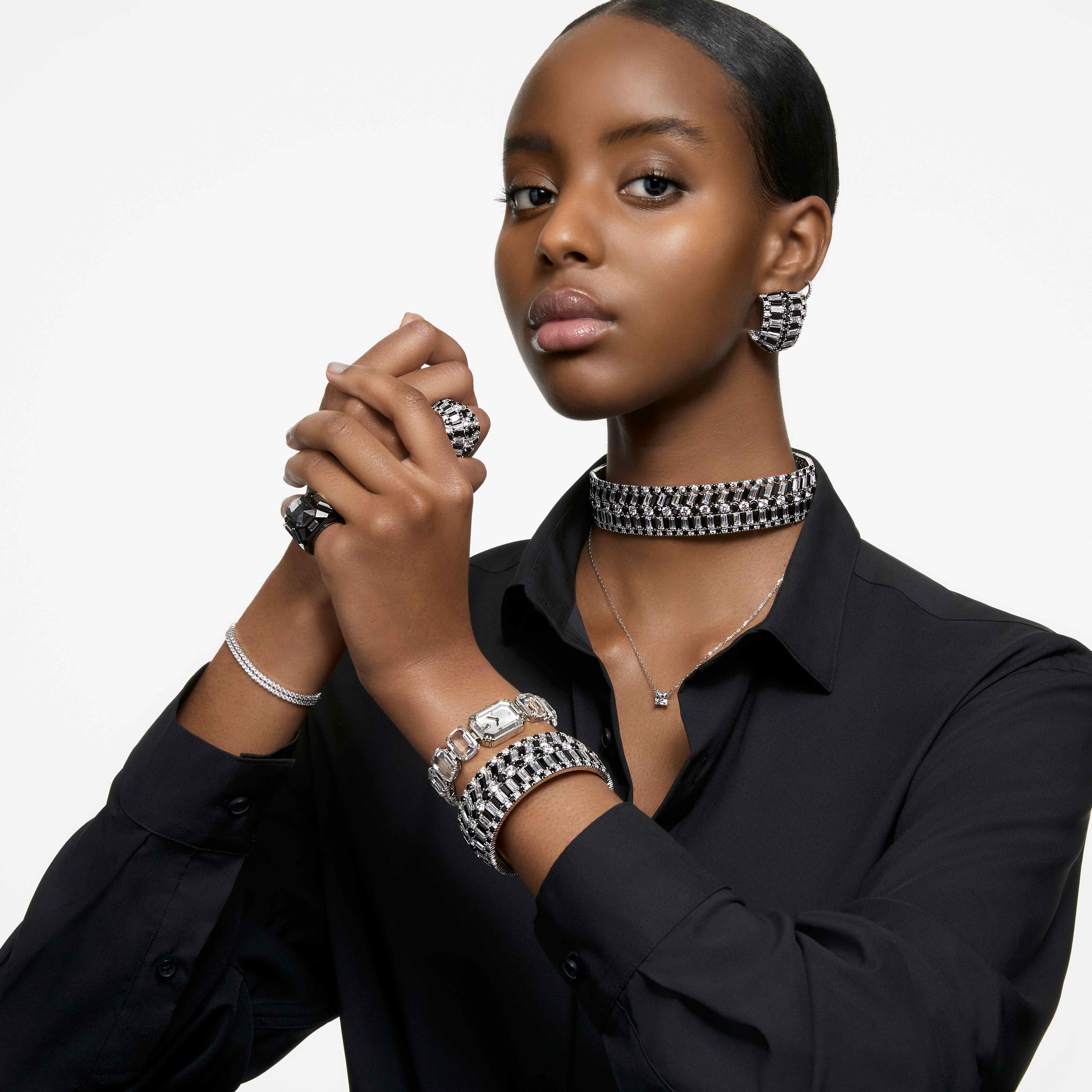 swarovski stilla drop earrings  round cut  white  rhodium plated