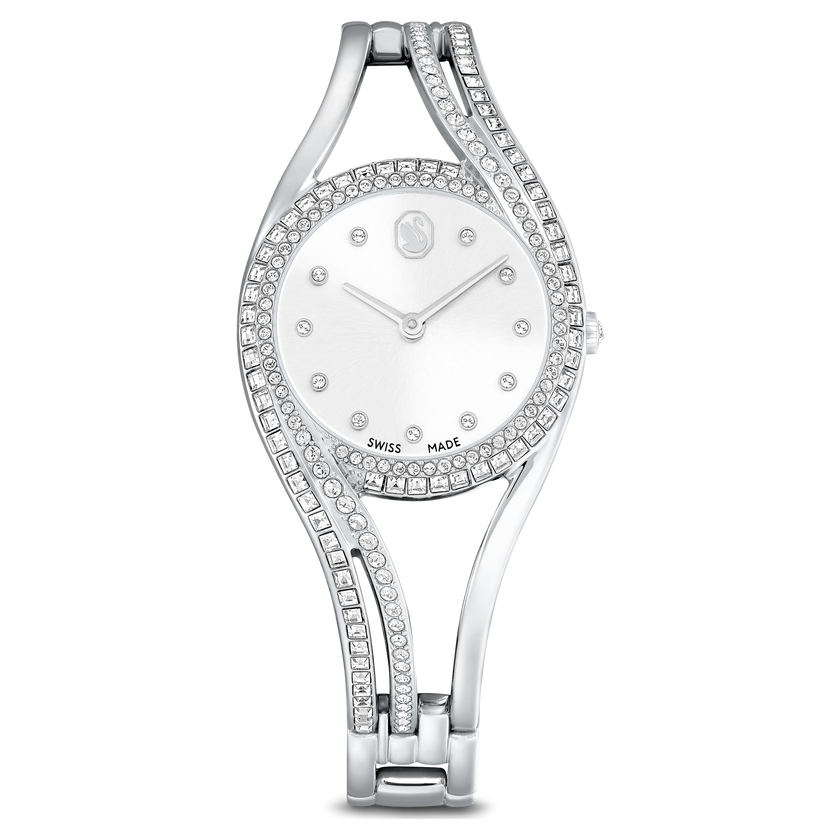 swarovski hyperbola bangle watch  swiss made  metal bracelet  silver tone  stainless steel