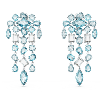 Gema clip earrings, Mixed cuts, Chandelier, Extra long, Blue, Rhodium plated swarovski gema clip earrings mixed cuts chandelier extra long blue rhodium plated