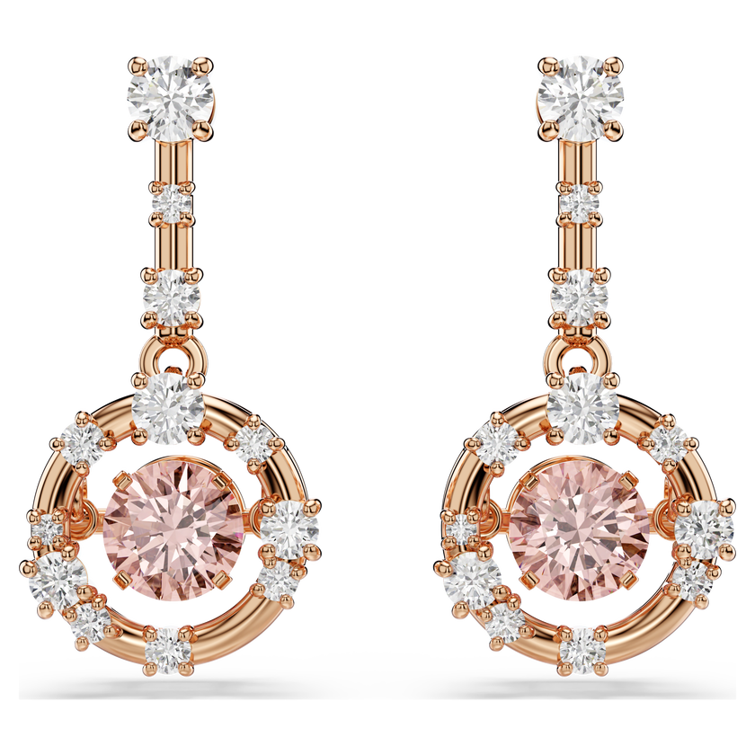 swarovski constella drop earrings  round cut  dancing stone  pink  rose gold tone plated