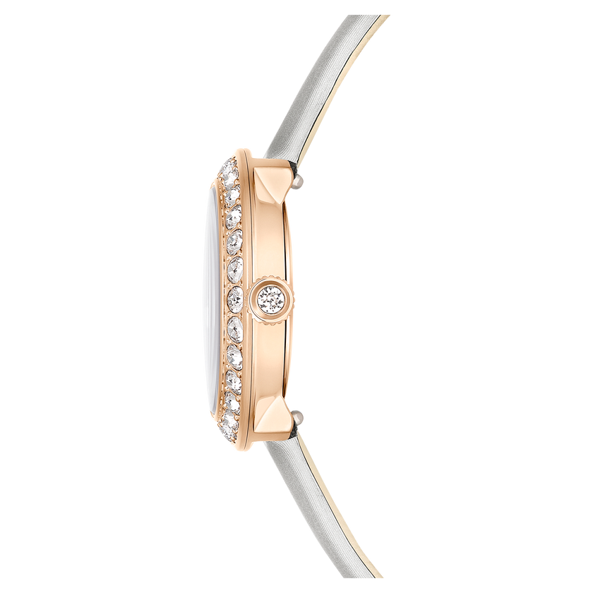 swarovski matrix tennis watch  swiss made  leather strap  gray  rose gold tone finish