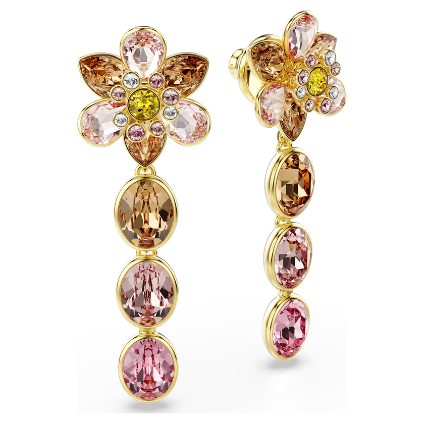 swarovski idyllia drop earrings  mixed cuts  flower  multicolored  gold tone plated
