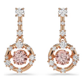 swarovski constella drop earrings  round cut  dancing stone  pink  18k rose gold finish