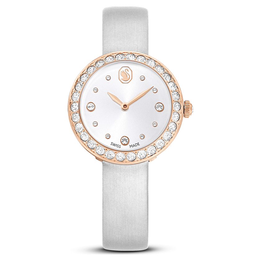 swarovski matrix tennis watch  swiss made  leather strap  gray  rose gold tone finish