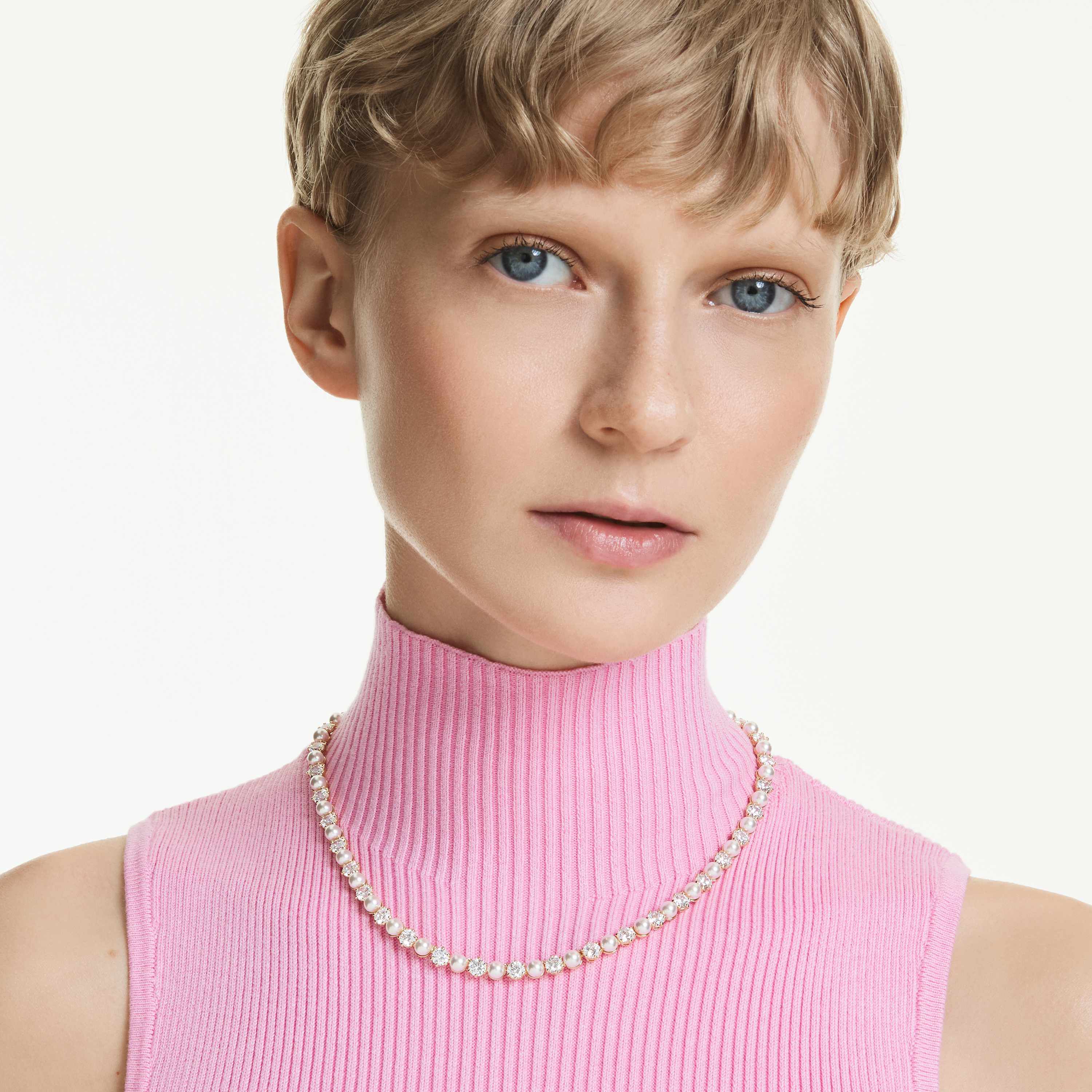 swarovski matrix tennis necklace  crystal pearl  round cut  white  gold tone plated