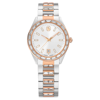 swarovski matrix date watch  swiss made  metal bracelet  rose gold tone  mixed metal finish