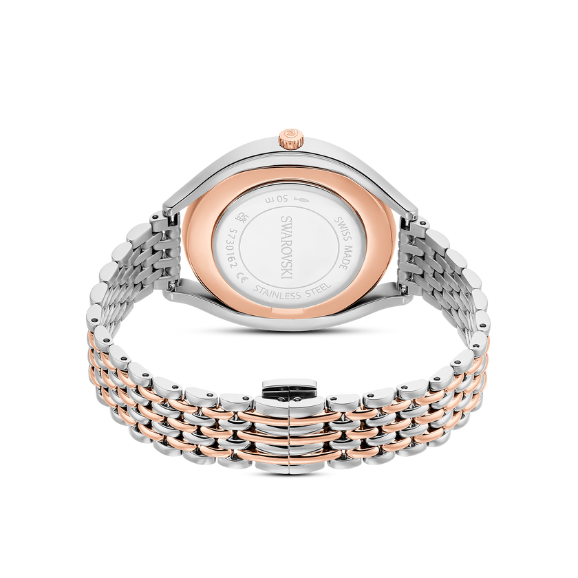 swarovski crystalline aura watch  swiss made  metal bracelet  rose gold tone  mixed metal finish