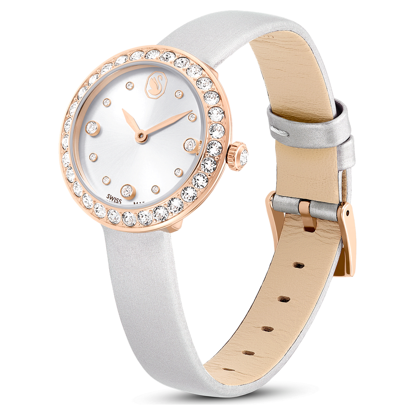 swarovski matrix tennis watch  swiss made  leather strap  gray  rose gold tone finish