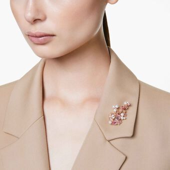 swarovski gema brooch  mixed cuts  flower  pink  gold tone plated
