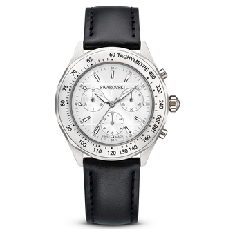 swarovski dextera tachymetre watch  swiss made  leather strap  silver tone  stainless steel