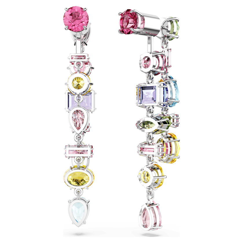 swarovski gema drop earrings  asymmetrical design  mixed cuts  long  multicolored  rhodium plated