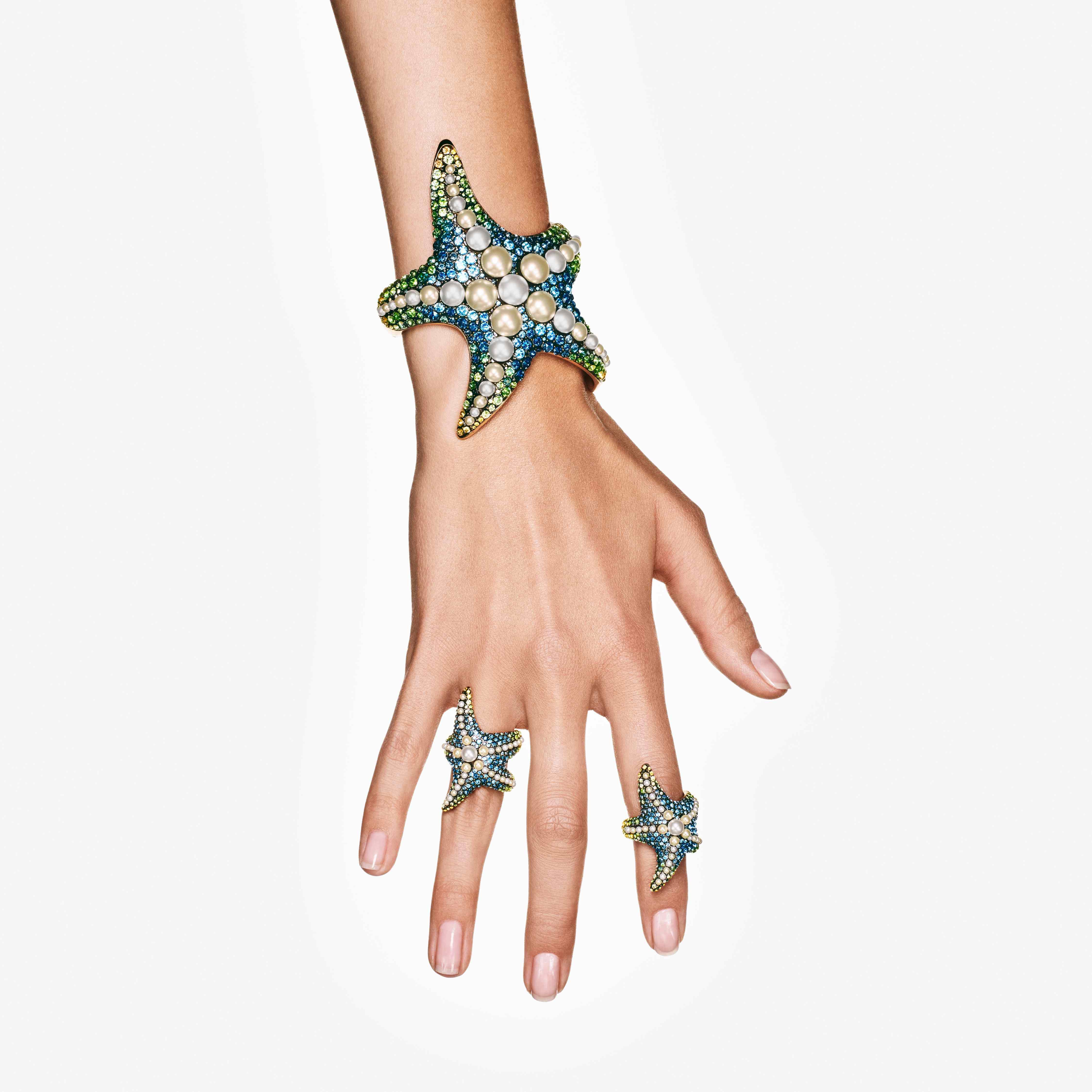 swarovski idyllia cocktail ring  crystal pearls  starfish  multicolored  gold tone plated