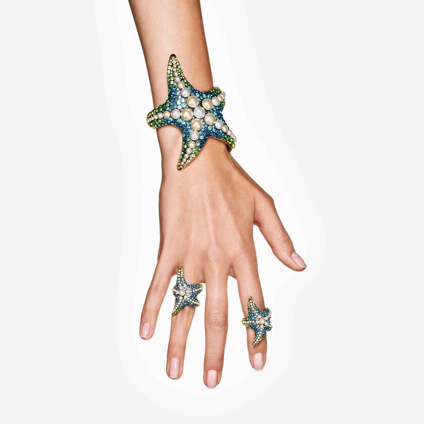 swarovski idyllia cocktail ring  crystal pearls  starfish  multicolored  gold tone plated