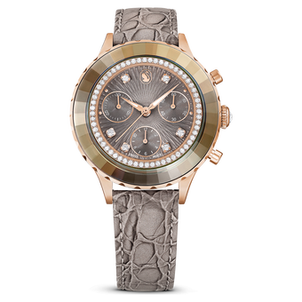 swarovski octea chrono watch  swiss made  leather strap  gray  rose gold tone finish