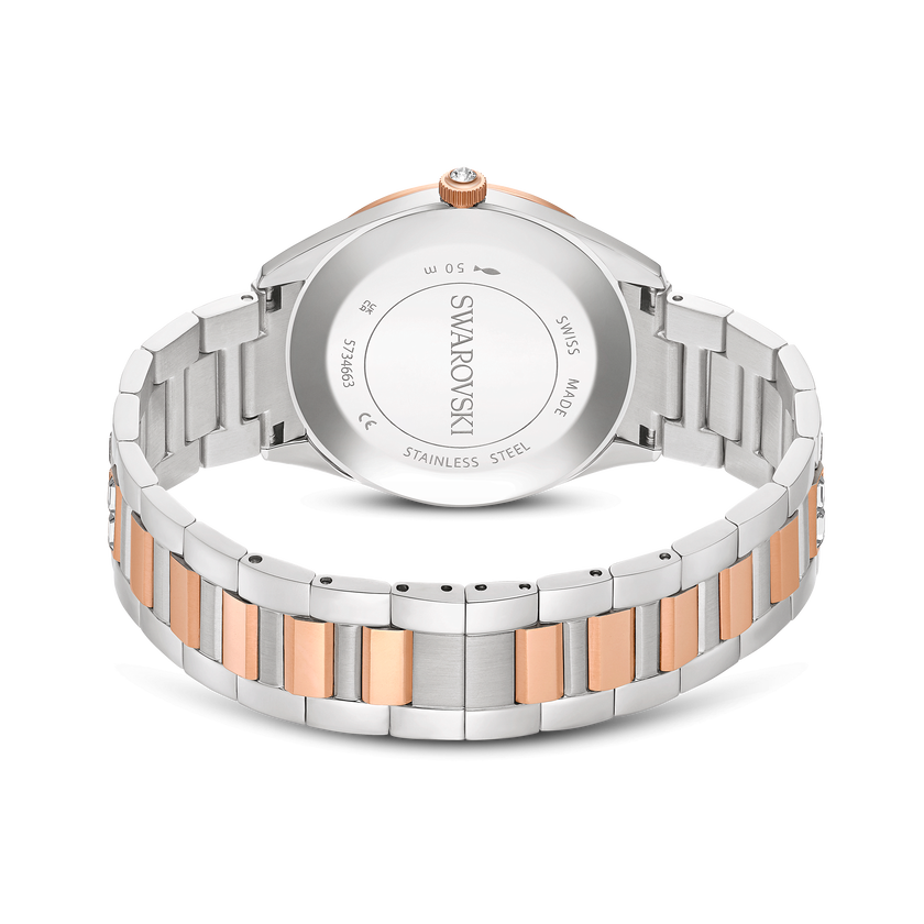 swarovski matrix date watch  swiss made  metal bracelet  rose gold tone  mixed metal finish