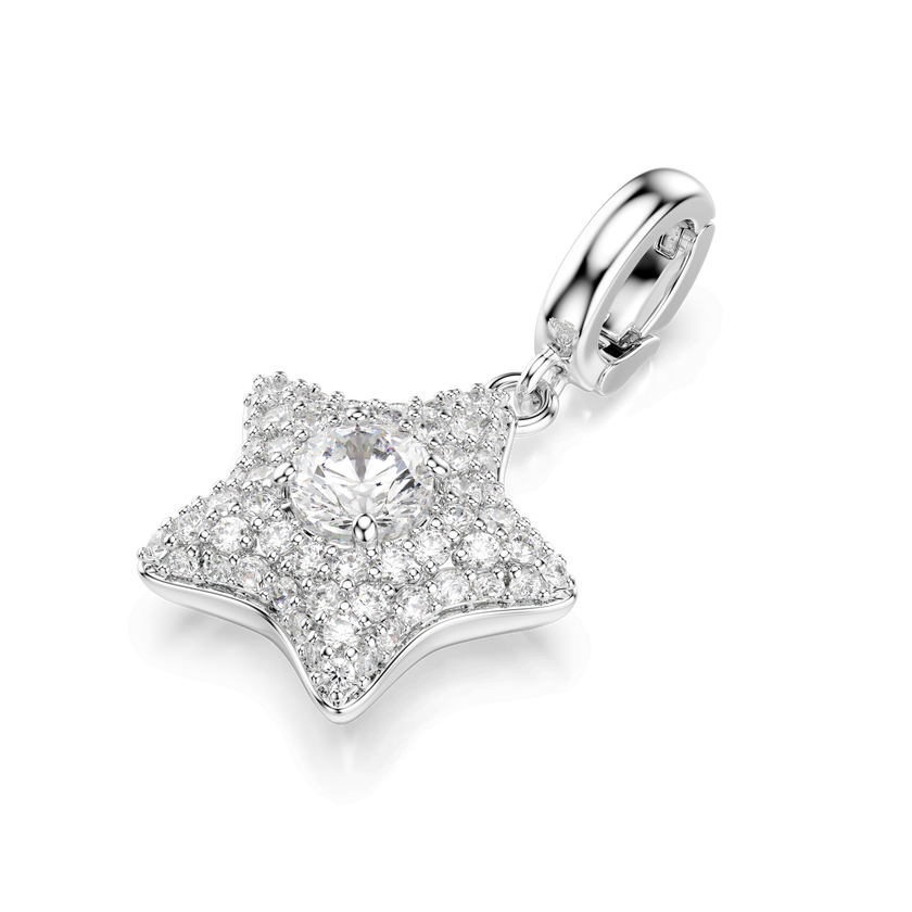 swarovski sublima charm  round cut  star  white  rhodium plated