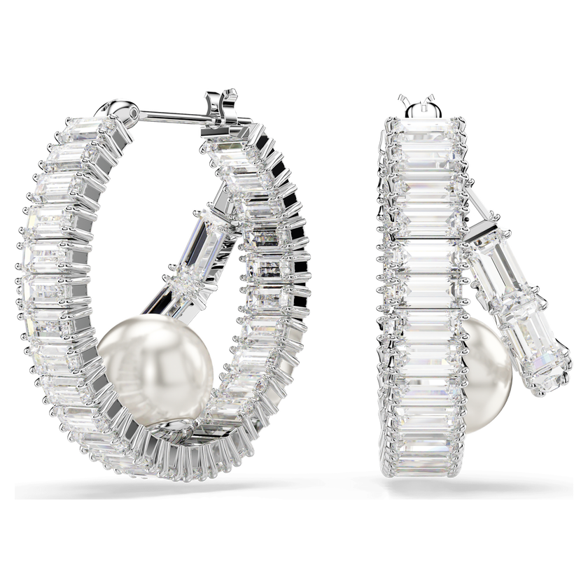 ariana grande x swarovski hoop earrings  crystal pearl  baguette cut  white  rhodium plated