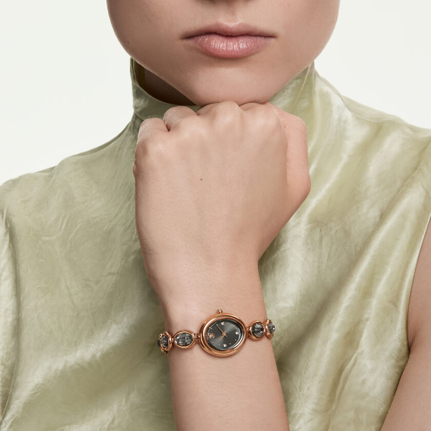 swarovski imber oval watch  swiss made  metal bracelet  black  rose gold tone finish