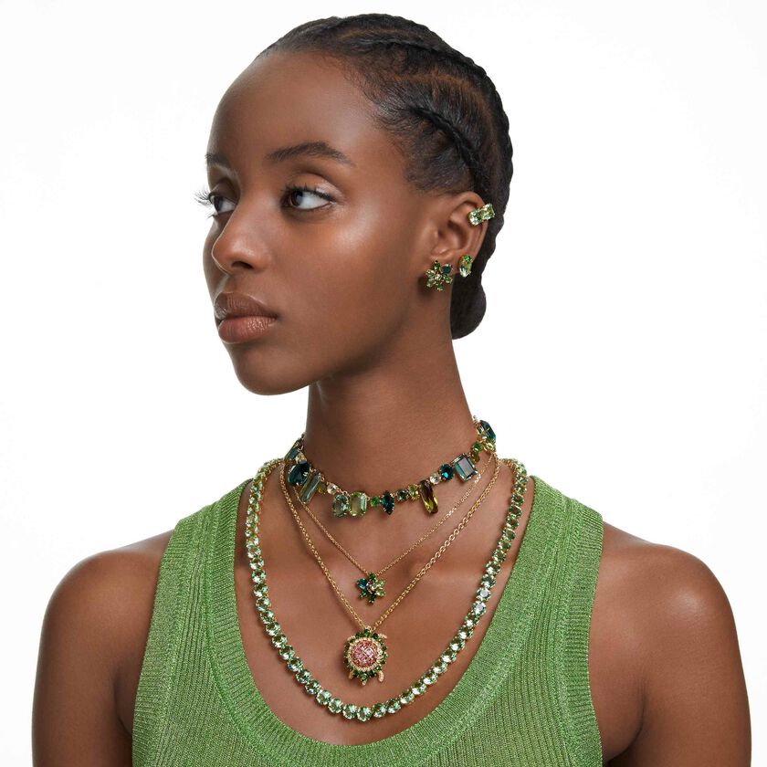 swarovski gema necklace  mixed cuts  green  gold tone plated