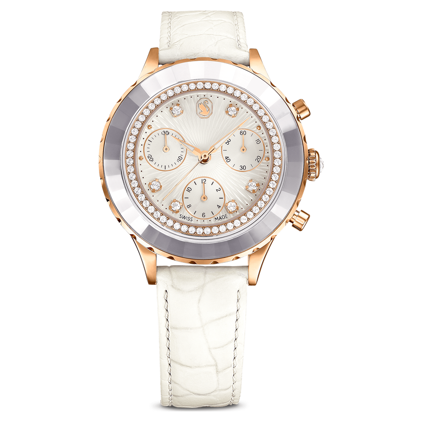swarovski octea chrono watch  swiss made  leather strap  white  rose gold tone finish