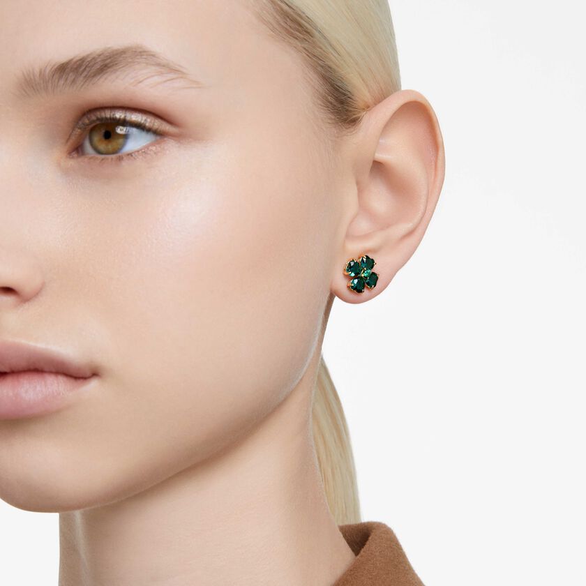 swarovski idyllia stud earrings  clover  green  gold tone plated