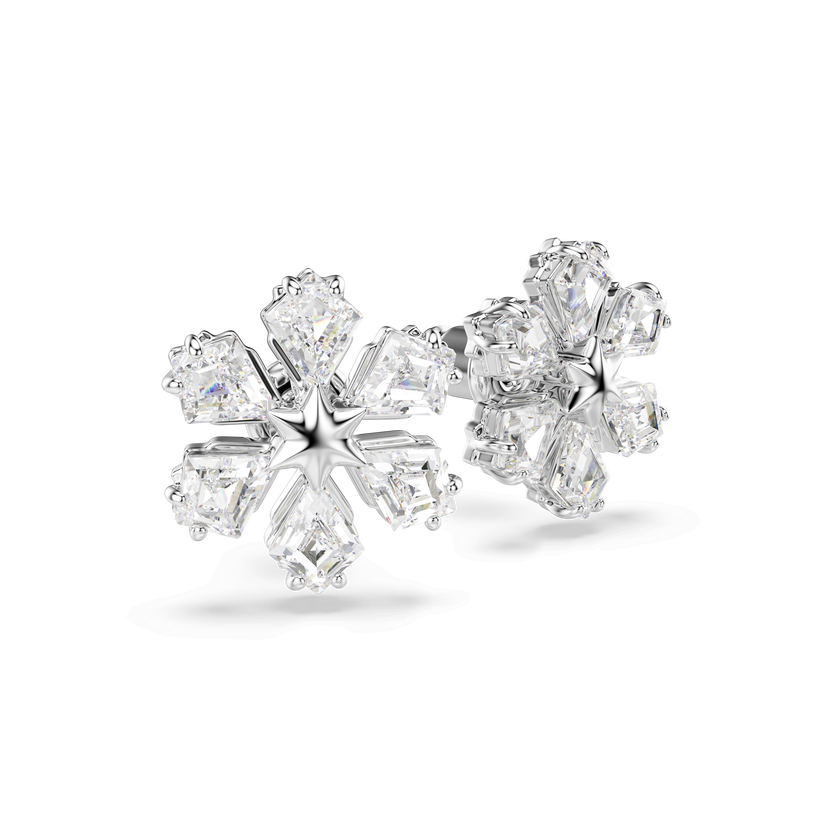 swarovski idyllia stud earrings  mixed cuts  snowflake  white  rhodium plated