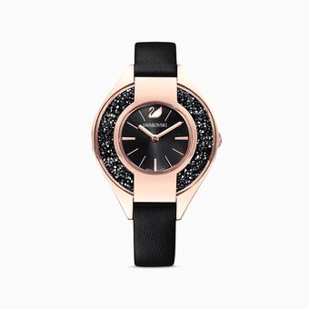Crystalline Sporty Watch, Leather strap, Black, Rose-gold tone PVD