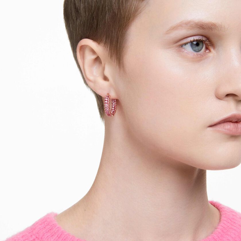 swarovski matrix hoop earrings  baguette cut  pink  rose gold tone plated