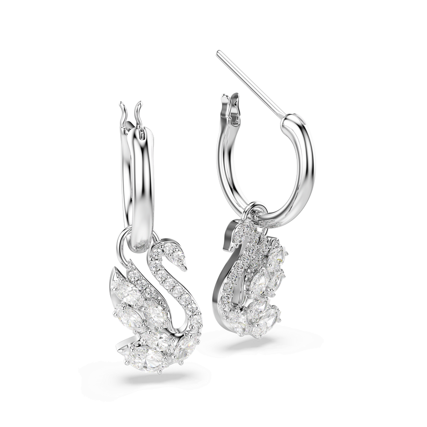 swarovski swan drop earrings  mixed cuts  swan  white  rhodium plated