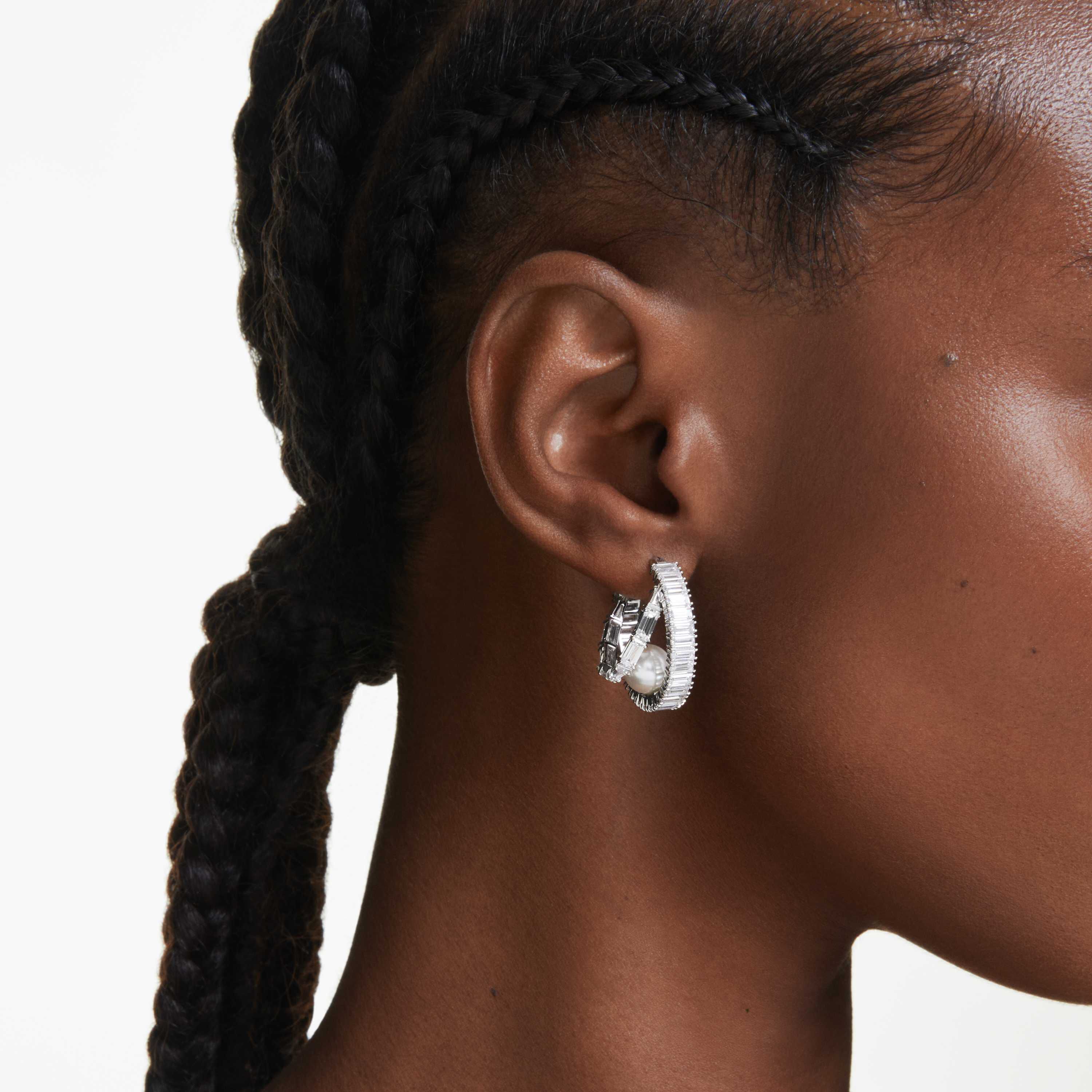 ariana grande x swarovski hoop earrings  crystal pearl  baguette cut  white  rhodium plated