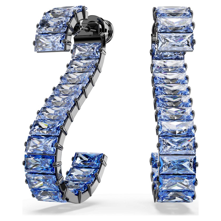 swarovski matrix drop earrings  baguette cut  blue  ruthenium plated