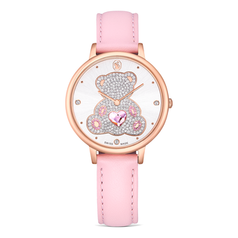 swarovski teddy watch  swiss made  leather strap  pink  rose gold tone finish