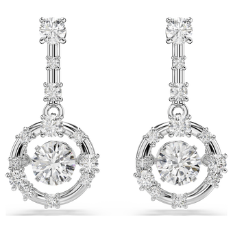 swarovski constella drop earrings  round cut  dancing stone  white  rhodium plated