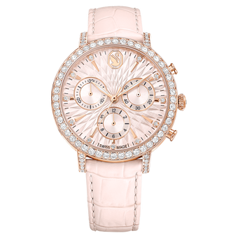swarovski matrix tennis chrono watch  swiss made  leather strap  pink  rose gold tone finish